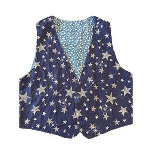 Vintage Handmade Holiday Vest Blue Stars One Size Reversible Cabin Cottagecore